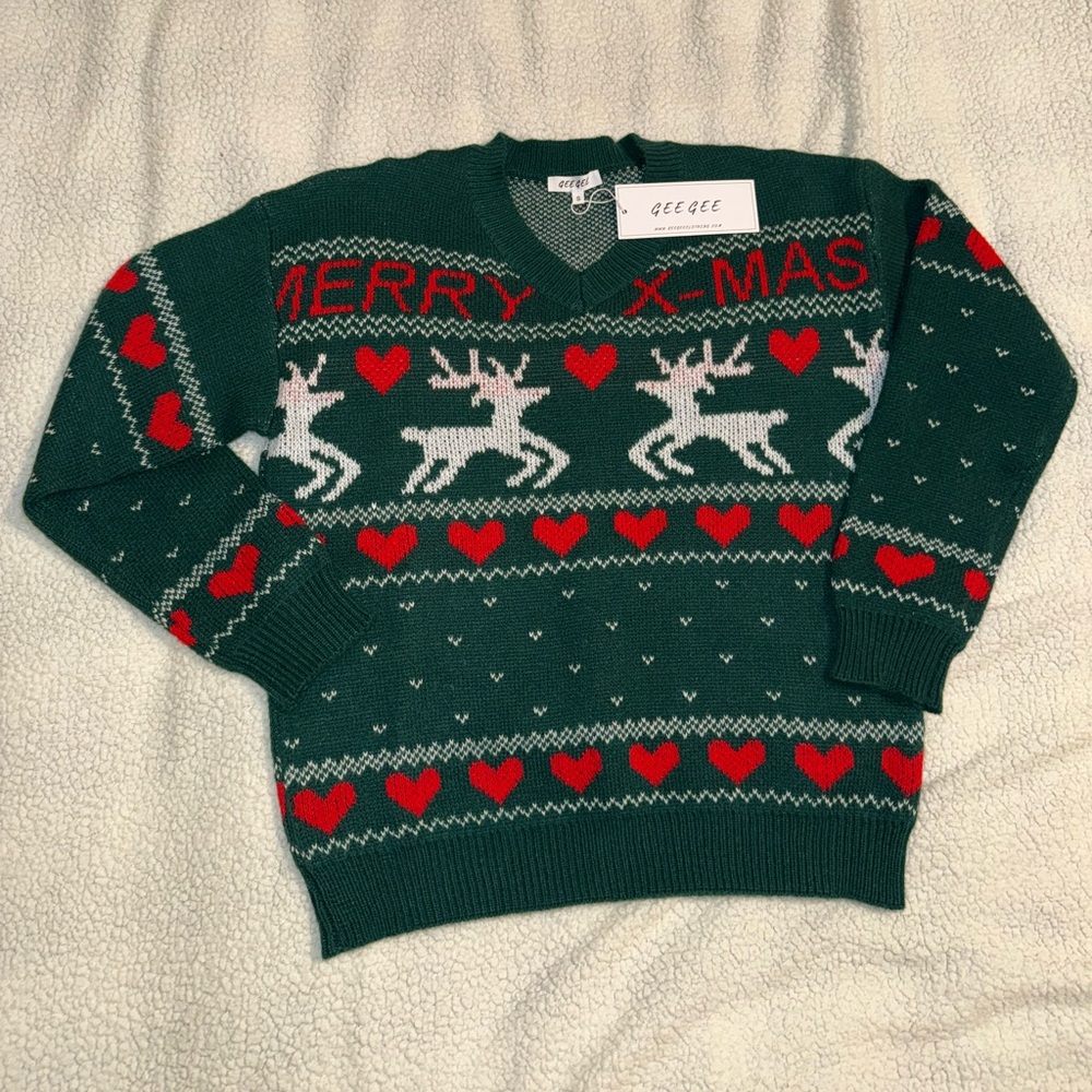 NEW GeeGee Festive Green V-Neck Sweater with Reindeer